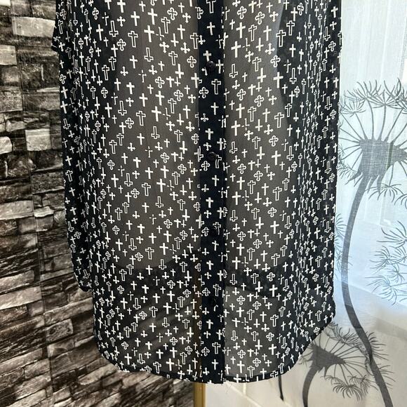 FUN & FLIRT Semi-Sheer Blouse Black W/ White Crosses Religious Punk Grunge Goth - Picture 3 of 8